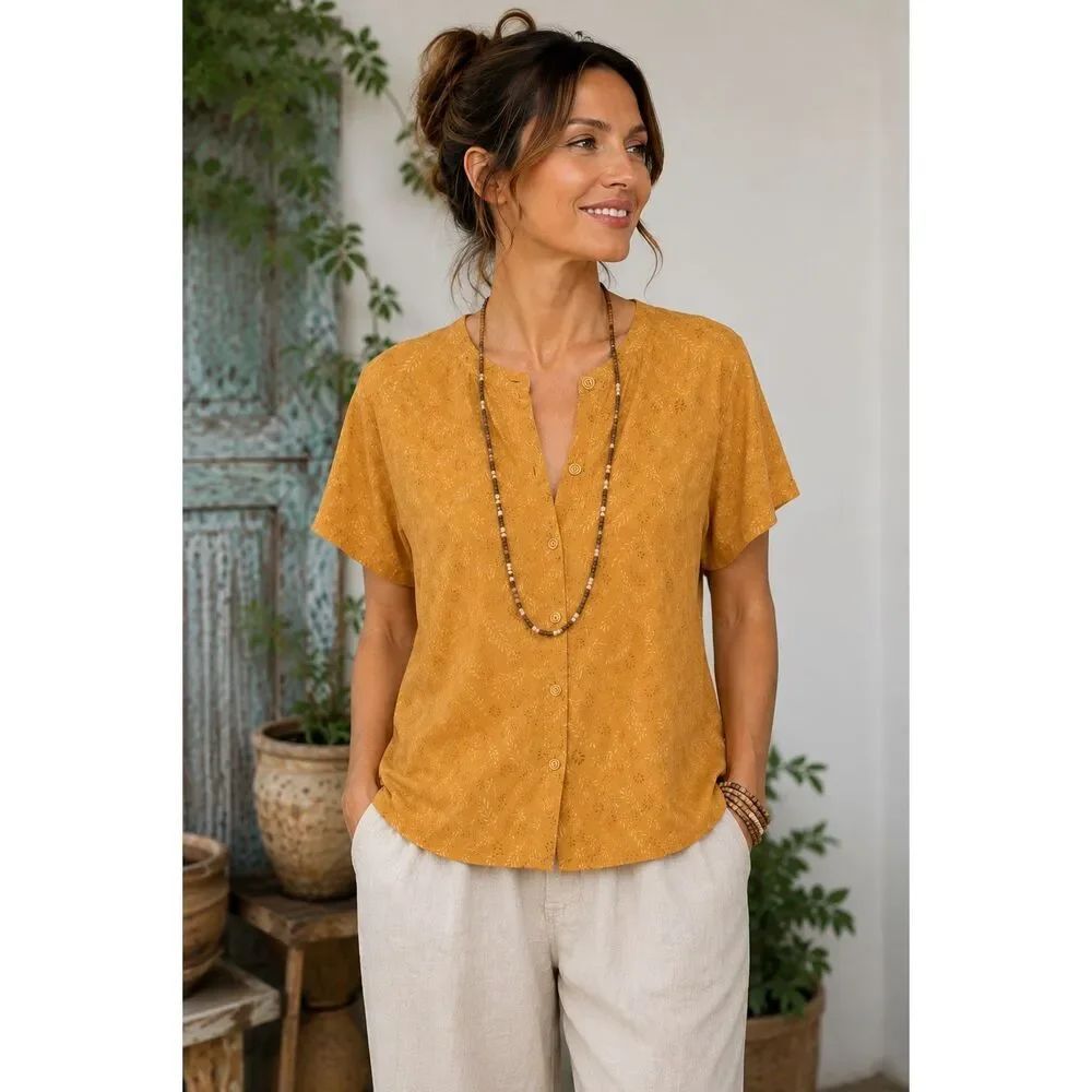 Gudrun Sjödén Organic Cotton Mustard Leaf Print Button Front Blouse S/M